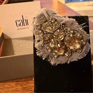 CAbi rhinestone brooch with gray frayed silk trim